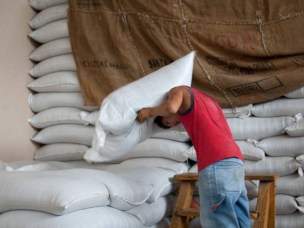 Sacks stacked in a store